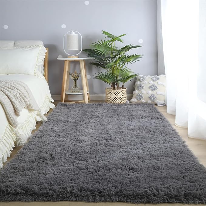Gray Area Rug for Bedroom 3x5: Shag Fuzzy Rugs for Living Room Bedroom, Gray Non-Slip Shaggy Carpets for Kids Girls Baby's Room, Furry Rugs for Nursery Decor, Floor Rugs for Dorm Room