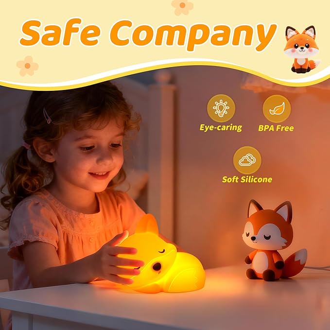 Attivolife Fox Night Light, Squishy Fox Animal Silicone Lamp Gifts for Kids, Rechargeable Nursery Bedside Touch Nightlight wtih Dimmable Timer, Novelty Birthday Xmas Presents for Toddler Baby Girl