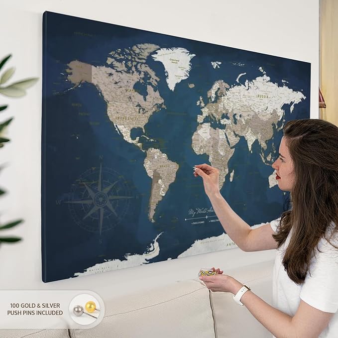 ElephantStock - My World Adventures Push Pin Travel Map I Wall Art - Horizontal Canvas Wall Art - Living Room Wall Decor - Printmaking Map Canvas Art - Blue And Beige Decor - 51" x 34"