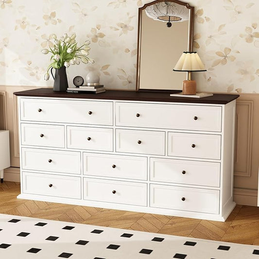 12 Drawer Dresser Chest of Drawers, White Dresser for Bedroom, Retro Wood Dressers with 12 Drawers, for Living Room Bedroom Hallway, White and Brown 15.7”D x 61”W x 31.5”H