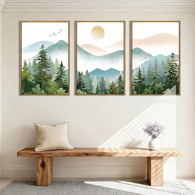 Anyzal Framed Green Mountain Wall Art Forest Painting Framed for Living Room Bedroom Bathroom 16x24 Inch Set of 3