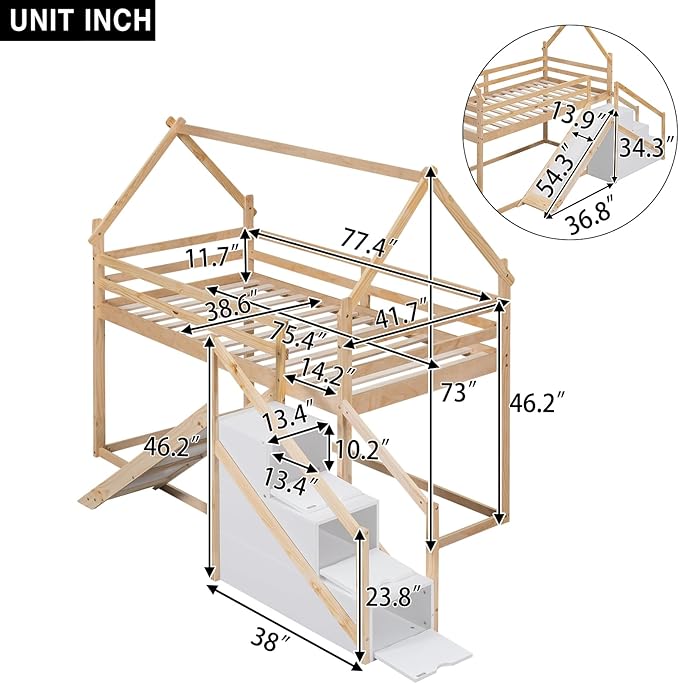 Flieks Twin Over Twin House Loft or Bunk Bed Frame for Boys Girls Kids Adults Toddler with Slide and Staircase, Natural