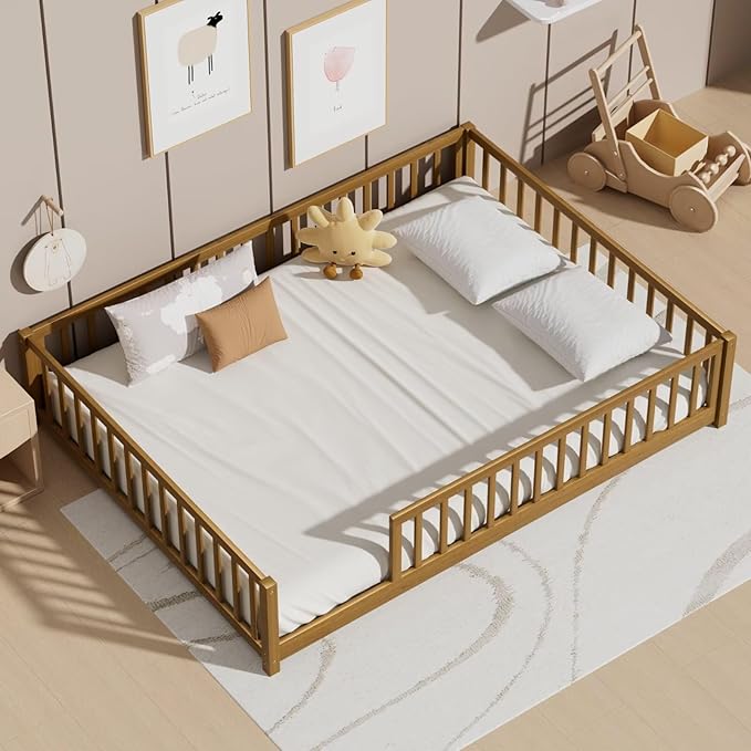 LLS Queen Floor Bed for Kids Toddlers, Solid Wood Multifunctional Montessori Bed Frame with Safety Guardrails, Without Door, Easy Assemble,Light Espresso