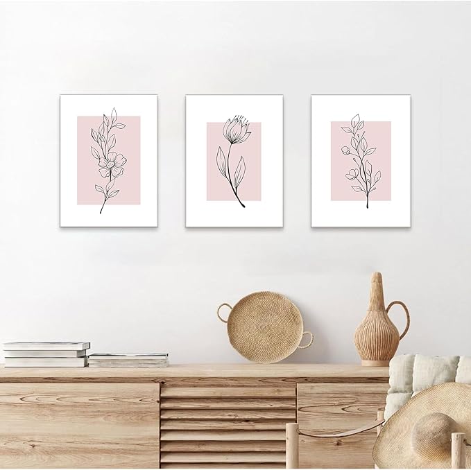 MTFBWY Floral Wall Art Line Flower Canvas Print Pink Botanical Pictures Poster Home Wall Decor Framed Minimalist Painting Artwork Set of 3 for Bedroom,Living Room Bathroom 12"x16"