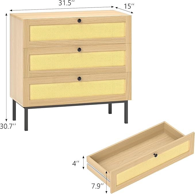 Rattan Dresser, Boho Dresser with 3 Drawers, Modern Dressers with Iron Legs, Wooden Dressers for Bedroom, Hallway, Office, Yellow