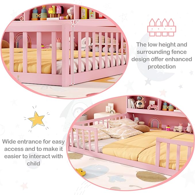 KOMFOTT Full Floor Bed with Bookcase & Shelves, Wood Bed Frame with Bedside Bookshelves & Guardrails, Versatile 2-in-1 Montessori Floor Bed for Kids (Full,Pink)