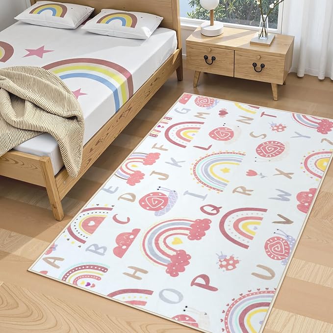 LIVEBOX Rainbow Kids Rug-3x5 Playroom Nursery ABC Educational Carpet,Washable Non Slip Soft Low Pile Area Rug for Bedroom,Preschool Classroom (Pink)