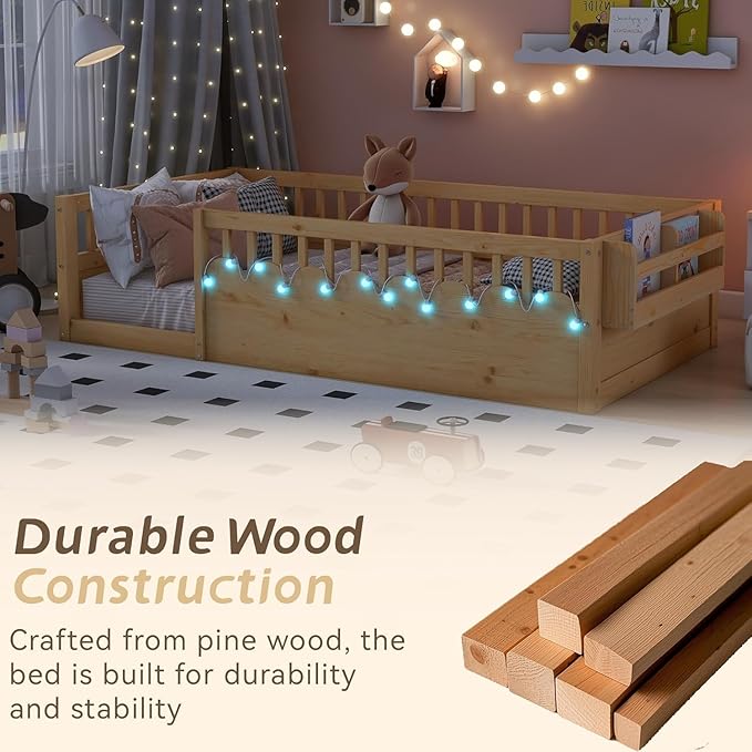 Twin Toddler Floor Bed with High Rails, Kids Montessori Bed Frame with Light and Storage Shelf, Wooden Twin Size Bed Frame for Girls and Boys, Natural