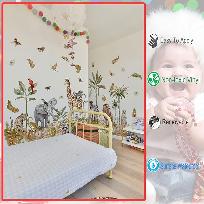 Large Safari Animals Boho Tropical Rainforest Leaves Tree Wall Stickers Jungle Animals Giraffe Elephant Lion Leopard Parrot Wall Decals for Living Room Bed Room Class Room Wall Décor