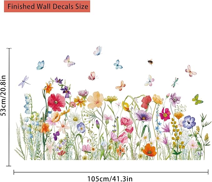 Colorful Flower Wall Sticker Floral Plant Grass Wall Decal Peel and Stick Flowers Butterfly Wall Art Mural Spring Wildflower Wall Sticker Decor for Bedroom Living Room