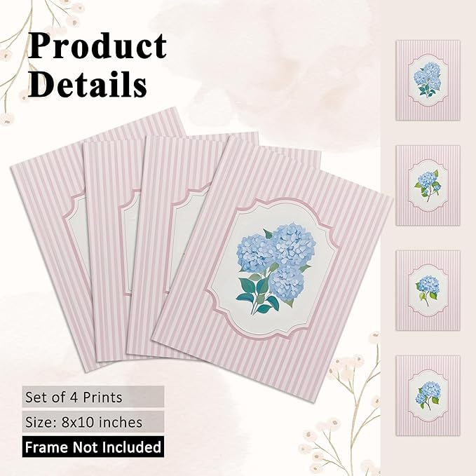 OFJE Blue Hydrangea Floral Wall Art Decor Prints Set of 4, Rustic Pink Striped Hydrangea Flower Wall Art Posters Decor for Girls Bedroom Home Living Room, 8x10 Unframed