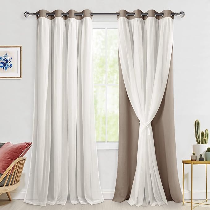 Hiasan Blackout Curtains with Sheer Overlay, Mix & Match Double Layer Thermal Insulated Privacy Grommet Window Curtains for Bedroom, Living Room, 2 Drape Panels with Tiebacks, Camel, 52W X 108L
