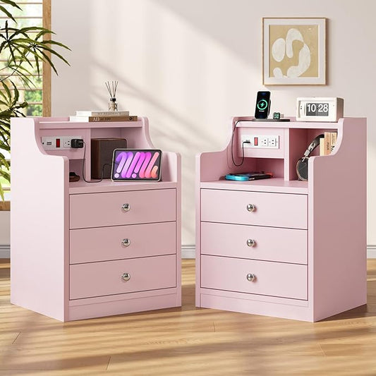 ADORNEVE Night Stand Set 2,Pink Nightstand with Charging Station & Hutch,Night Stands for Bedrooms Set of 2,Bedside Table with Drawers