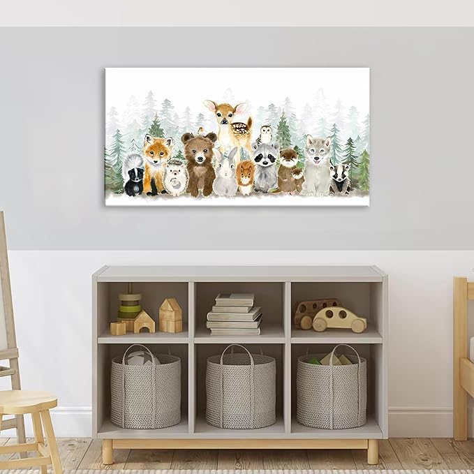 Woodland Animal Nursery Wall Art Watercolor Forest Baby Animal Nursery Wall Decor Printing Framed Fox Bear Deer Watercolor Poster Paintings Pictures for Boys Room Girls Room Home Decoration 12x24in
