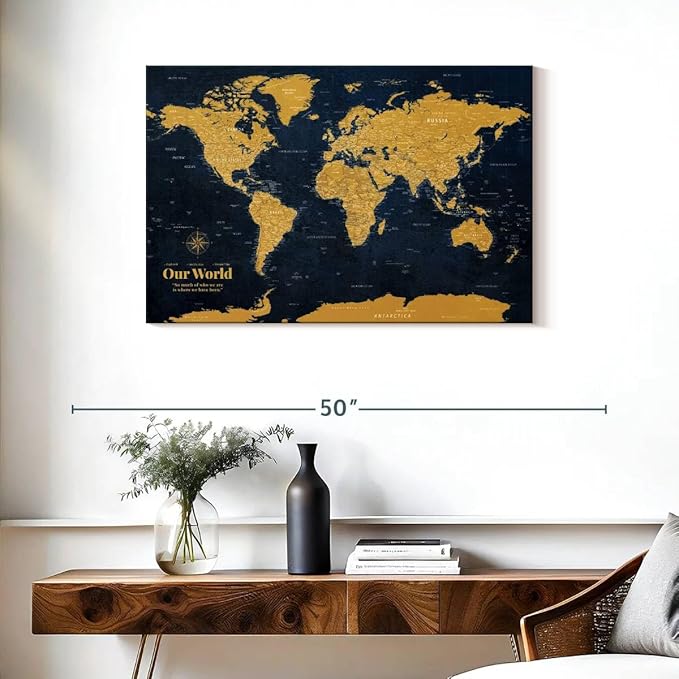 ElephantStock - Personalized Push Pin World Map - Gold Wall Art - Horizontal Canvas Wall Art - Living Room Wall Decor - Digital Art Map Canvas Art - Orange And Blue Decor - 36" x 24"