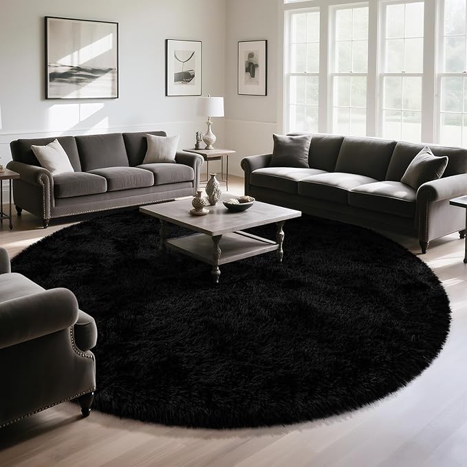 EVOIONOS Black Round Rug for Living Room, 7x7 Ft Fluffy Soft Circle Area Rugs for Bedroom, Plush Shaggy Circular Carpet for Indoor Floor Bedside Kids Nursery, Machine-Washable Home Decor Aesthetic