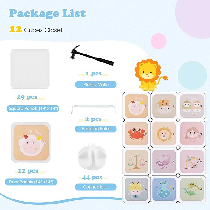 INFANS Children Wardrobe, Kid Closet Portable Baby Dresser Cute for Kids Bedroom Nursery Armoire with Doors 12 Cube 2 Hanging Sections, Kid Clothes Storage Organizer