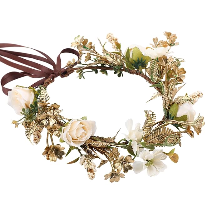 Vintage Rose Flower Crown - Golden Leaves White Classic Flower Headband Fairy Elegant Floral Headpiece for Women Girls Christmas Mucic Festivals Photo Prop
