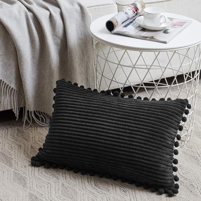Fancy Homi 2 Pack Black Lumbar Decorative Throw Pillow Covers 14x24 Inch with Pom-poms for Couch Bedroom Sofa, Farmhouse Boho Home Decor, Soft Corduroy Solid Rectangle Cushion Case 35x60 cm