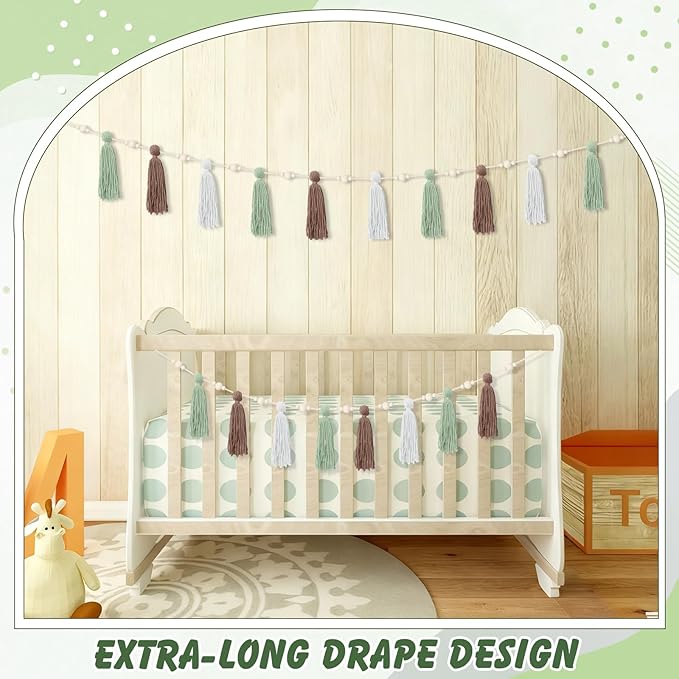 2 Pcs Tassel Garland with Wood Beads, Handmade Cotton Yarn Wall Hanging Banner Boho Tassel Wall Hanging Party Decor for Nursery, Birthday Baby Shower Home Classroom Decoration(Earth Tones)