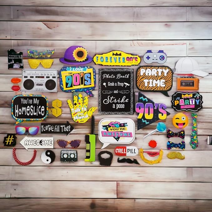 90s Photo Booth Props - 41-pc 90 s Selfie Prop Kit with 8 x 10-Inch Sign, 60 Adhesive Pads, 45 Sticks - 90 s Party Decorations - 90s Birthday Party