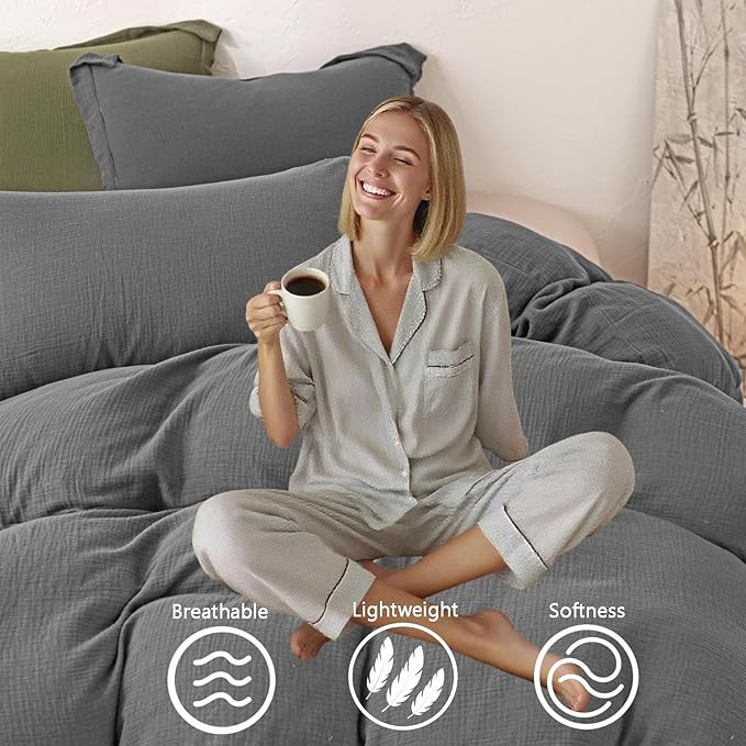 MorroMorn Muslin Duvet Cover King Size, Ultra Soft 100% Cotton Comforter Cover Set, 3 Pieces 2-Layer Gauze Duvet Cover with 2 Pillowcases, Breathable Lightweight Linen Like, 90"x104", Dark Grey