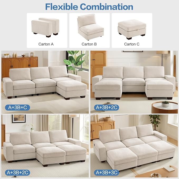 TEKAMON 100" Modular Sectional Sofa with Seats Storage, U Shaped Couch with Movable Ottomans, Chenille Fabric Couch for Living Room, USB Port, Removable Cover(Beige, 3 Seater & 2 Ottomans- U Shape)