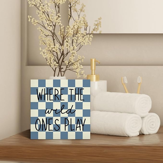 Where The Wild Ones Play Wood Box Sign Desk Decor 5X5, Nursery Kids Room Wooden Block Sign Decorations for Playroom Toddler Boys Room Wall Tabletop Shelf Decor