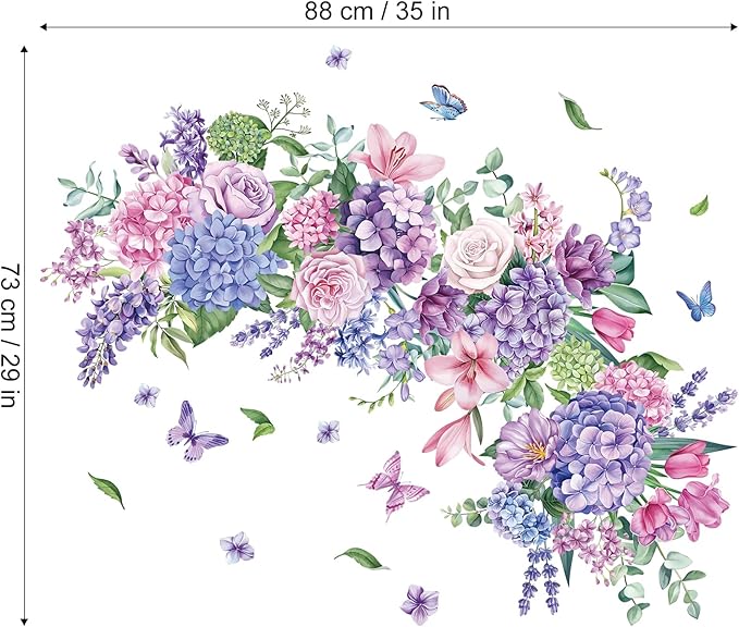 Flowers Bouquet Wall Decals Pink and Purple Floral Butterflies Wall Stickers, Bedroom Living Room Dining Room Sofa Background Peel and Stick Wall Decor