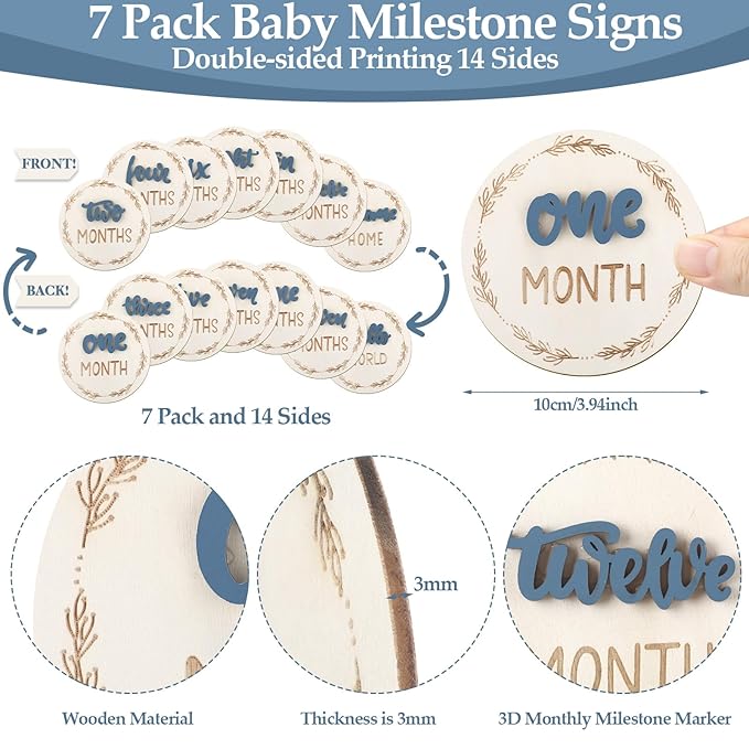 Baby Monthly Milestone Cards, Wooden 3D Baby Milestone Signs, Double Sided Blue Monthly Baby Milestone for Newborn Boy Girl 1-12 Months Photos