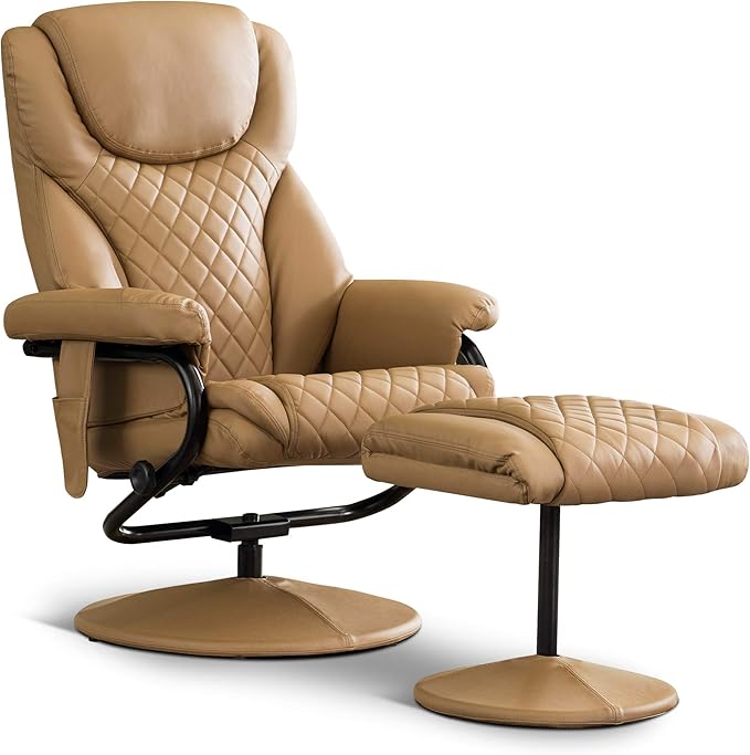 MCombo Recliner with Ottoman, Reclining Chair with Massage, 360 Swivel Living Room Chair Faux Leather, 4901 (Cognac)