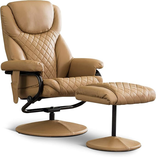 MCombo Recliner with Ottoman, Reclining Chair with Massage, 360 Swivel Living Room Chair Faux Leather, 4901 (Cognac)