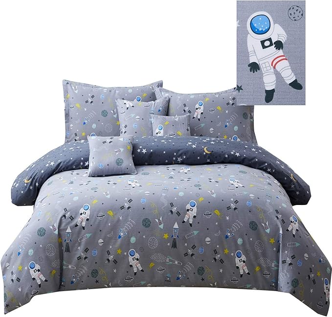 Brandream Boys Outer Space Astronaut Bedding Kids Bedding Sets Twin Size Grey 100% Cotton Duvet Cover Sets Reversible Zipper Closure