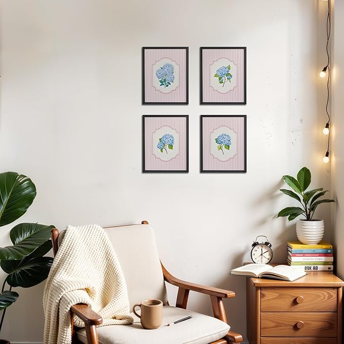 OFJE Blue Hydrangea Floral Wall Art Decor Prints Set of 4, Rustic Pink Striped Hydrangea Flower Wall Art Posters Decor for Girls Bedroom Home Living Room, 8x10 Unframed