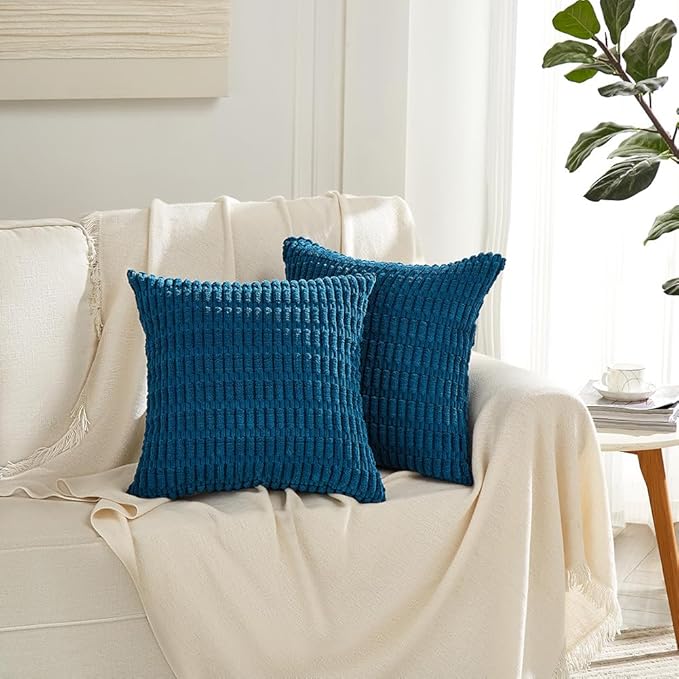 Fancy Homi 2 Packs Teal Decorative Throw Pillow Covers 18x18 Inch for Living Room Couch Bed Sofa, Rustic Farmhouse Boho Home Decor, Soft Striped Corduroy Square Cushion Case 45x45 cm