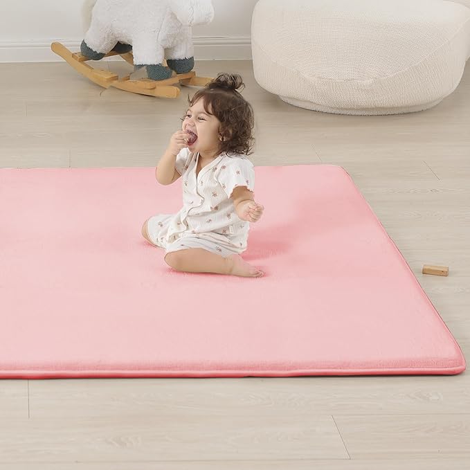 1.3" Thick Baby Floor Play Mat 39x59, Basic Padded Foam Mat for Tummy Time Crawling, Non Slip Cushioned for Babies Toddlers Infants Kids (Pink)