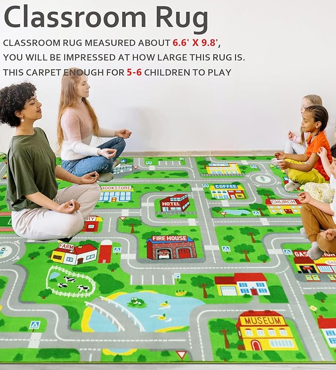 Kids Carpet Playmat Rug 6'6''x9'8'', Kids Rugs for Bedroom, Non-Slip Town City Road Map Car Rugs for Kids Toy Cars, Track Carpet Play Rug for Playroom Classroom Decor (Green)