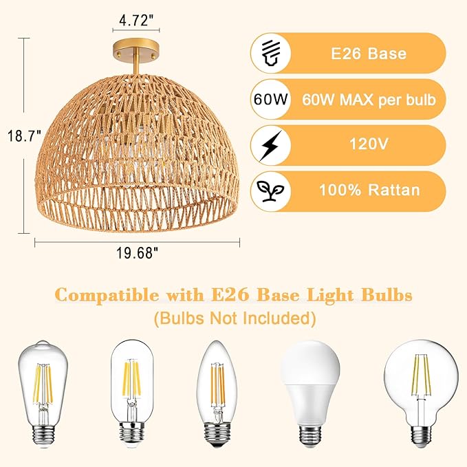 Rattan Ceiling Light Fixture, 4-Light Boho Semi Flush Mount Ceiling Light, 20" Wicker Light Fixture with Handmade Woven Cage Lampshade, Rattan Chandelier for Bedroom Hallway Nursery Kitchen Farmhouse