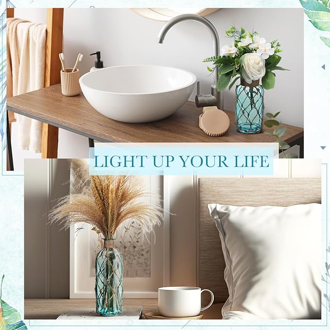 Chuangdi Set of 2 Coastal Glass Vases for Flower Small Flower Vase with Boho Rope Wrapping Beach Decorative Bottle for Coastal Nautical Table Centerpiece Wedding Floral Arrangement Decor(Light Blue)