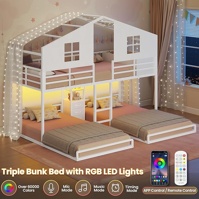 BTHFST Triple Bunk Bed Twin Size with House, 4 Storage Drawers, Charging Station and LED Lights, Metal Kids Bunk Bed with 13.4" H Safety Guardrail and Play Curtain, DIY House Shaped Bed, White