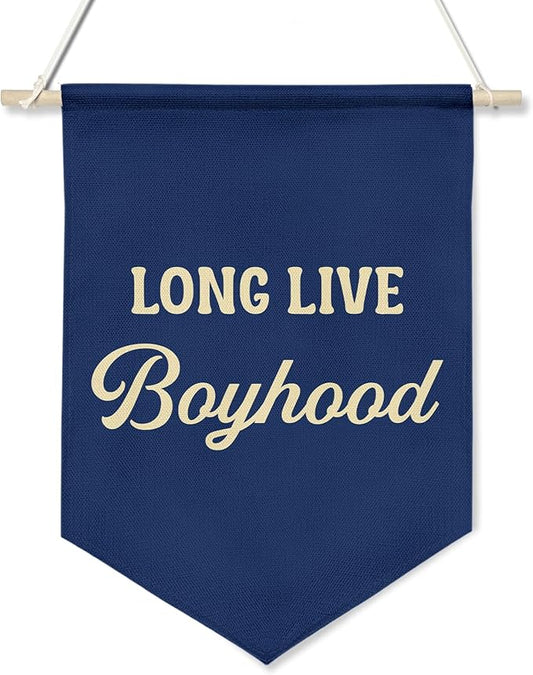 Long Live Boyhood Wall Banner – Vintage Navy Canvas Wall Hanging Poster for Boys Bedroom, Nursery, or Playroom Decor – Inspirational Quote Wall Art for Kids Room 11x16inch(KD30)