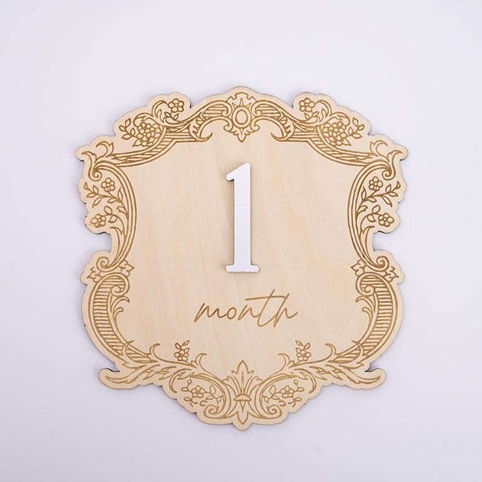 Vintage Wooden Baby Monthly Milestone Set, Elegant Engraved Frame with 3D Numbers and Month Months Signs, Newborn Photo Prop for Baby Monthly Pictures