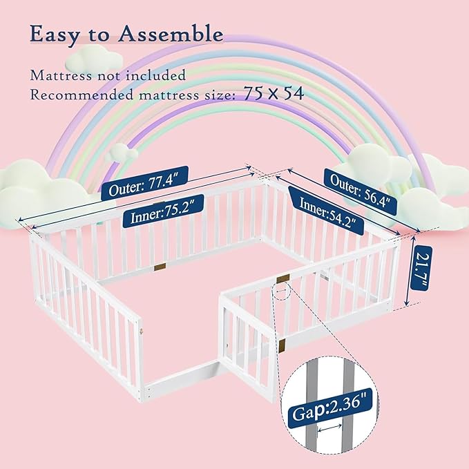 Tatub Full Montessori Floor Bed with High Rails, Solid Wood Montessori Bed Frame for Kids, Door Can Install Left and Right, Full-White