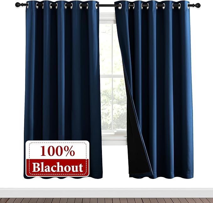 NICETOWN Moroccan Blue Full Shade Curtain Panels, Pair of Energy Smart & Noise Blocking Out Blackout Drapes for Dining Room Window, Thermal Insulated Guest Room Lined Window Dressing(62 x 72 inch)
