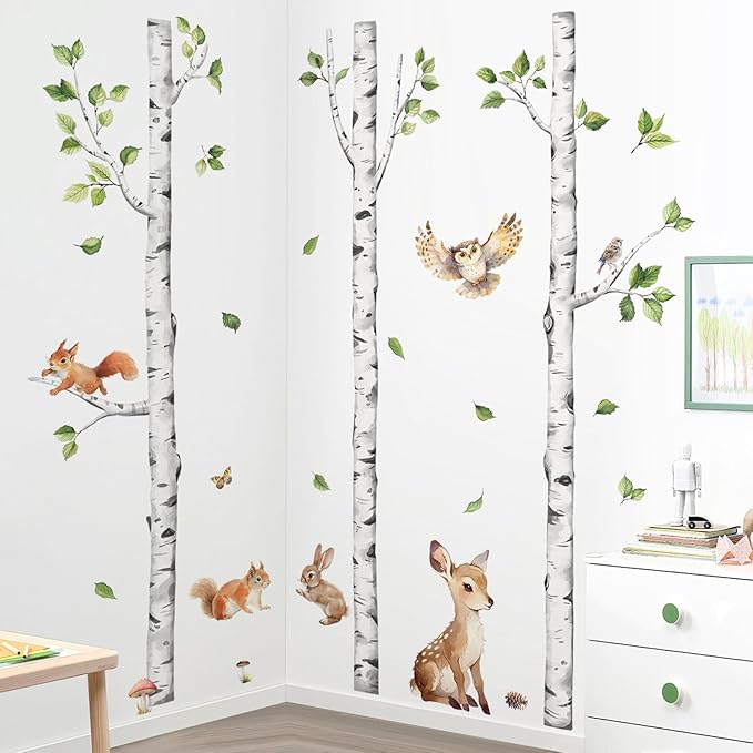 Tanlaby Large White Birch Tree Wall Decals Forest Animals Wall Stickers Woodland Trees Wall Decals Deer Fox Sticker Art Decor for Baby Nursery Boys Kids Toddler Bedroom Playroom Classroom