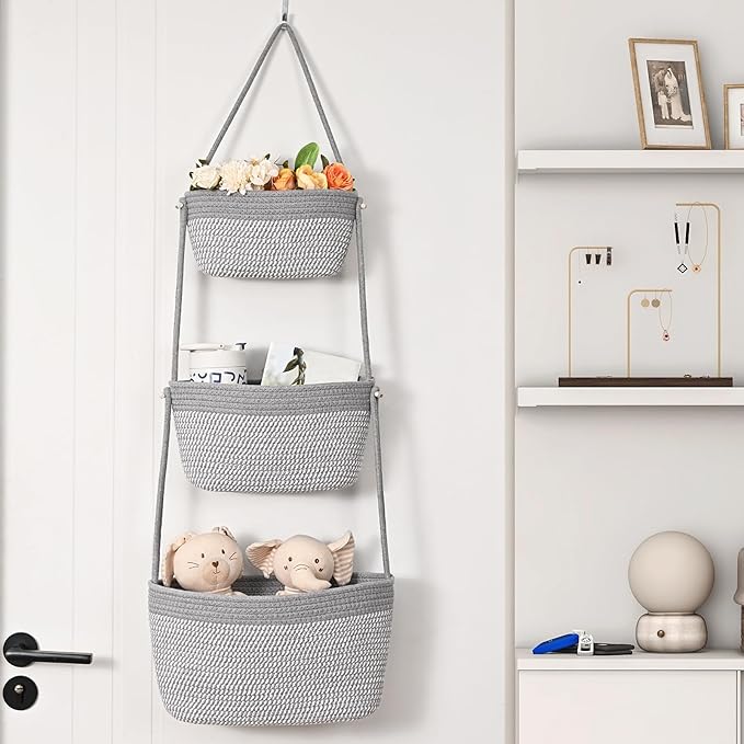 Hanging Storage Baskets, 3-Tier Over the Door Basket, Cotton Wall Baskets Storage, Detachable Hanging Door Basket with 4 Hooks, Over the Door Organizer Nursery for Bedroom, Living Room, Bathroom Wall