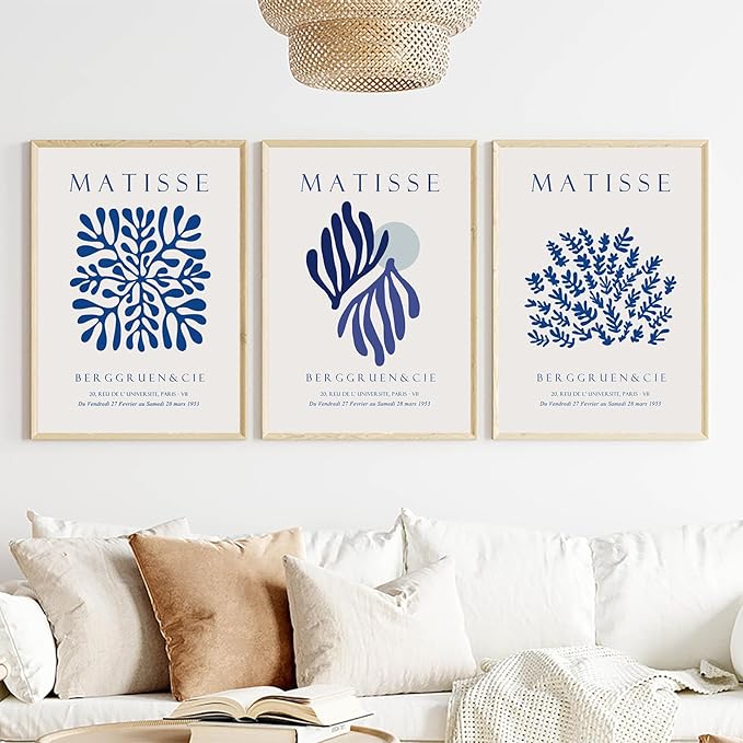 LUHDFYS Blue Matisse Canvas Wall Art Print,Abstract Matisse Wall Art Exhibition Posters Set of 3,Navy Blue Canvas Prints,Landscape Aesthetic Decor for Bedroom Bathroom Living Room Unframed