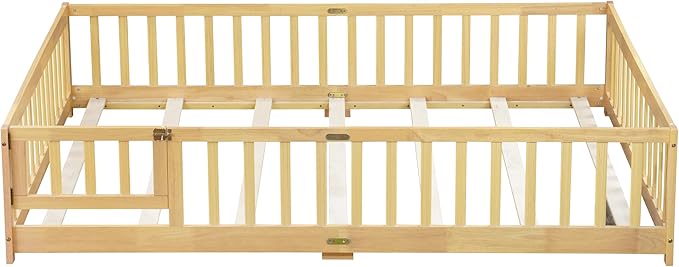 Queen Size Floor Bed with Fence and Door,Rubber Wood Floor Bed w/Safety Guardrails/Near The Ground,Easy to Assemble & No Box Spring Needed, Natural