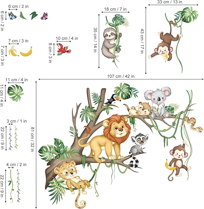 decalmile Large Jungle Animals Tree Branch Wall Decals Safari Lion Leopard Koala Monkey Wall Stickers Living Room Baby Nursery Kids Room Wall Decor(XL)