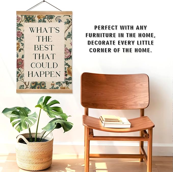 ZTGDA Inspirational Vintage Floral Wall Art –What’s the Best That Could Happen,Quote Linen Canvas Poster, Motivational Hanging Wall Decor for Office, Bedroom, Therapy Room or Study Decor(Happen)